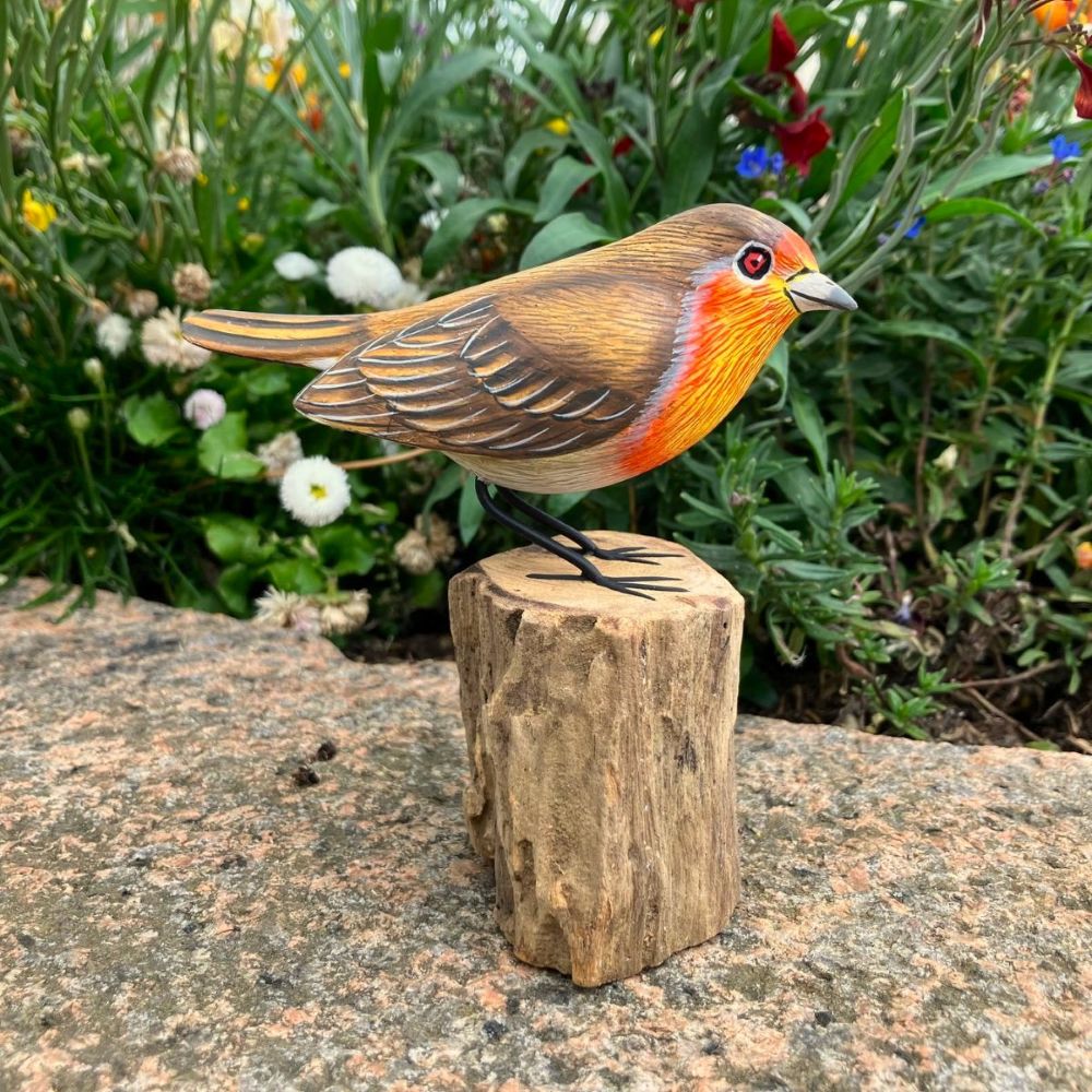 Wooden Robin Ornament in Garden
