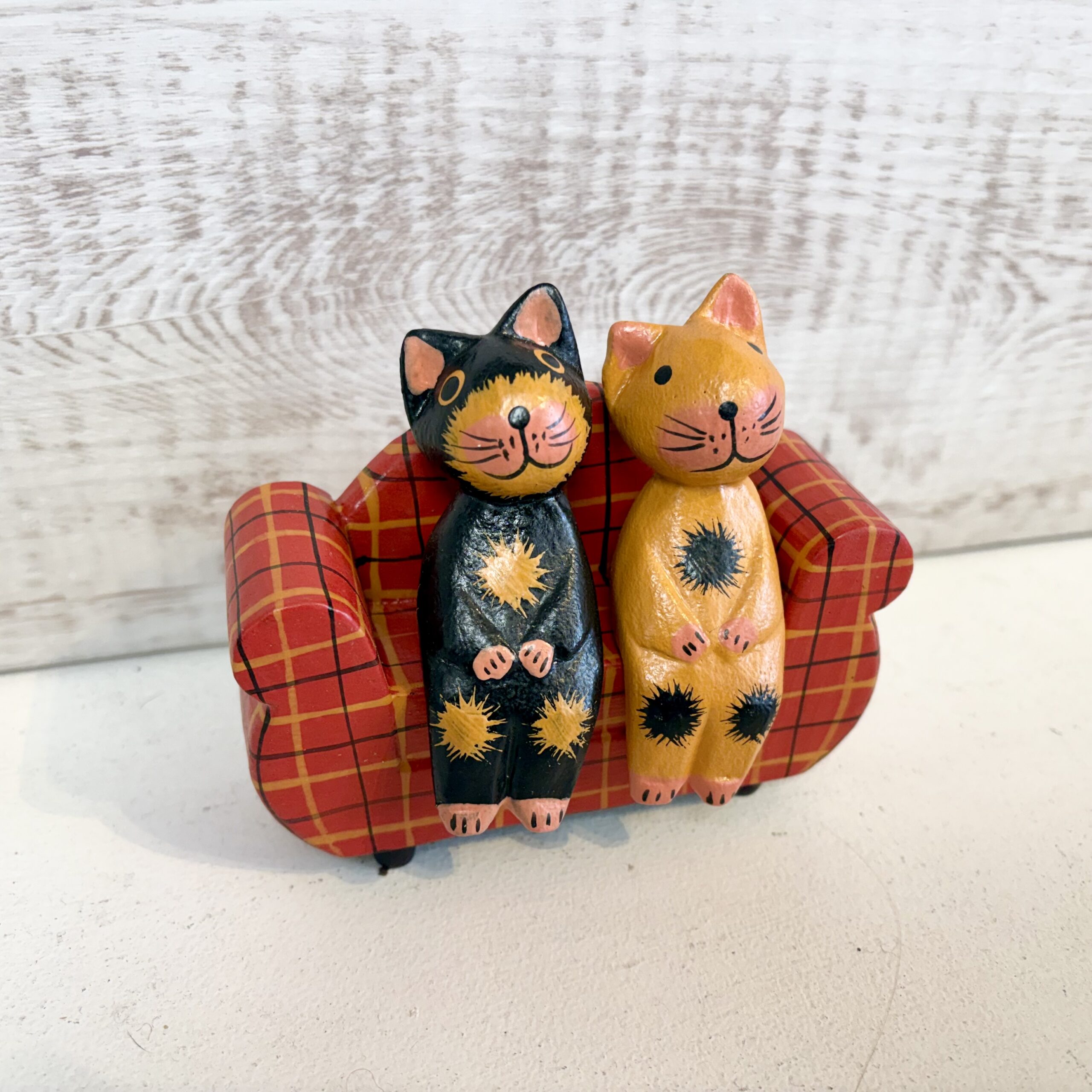 2 Cats on a Tartan Sofa Ornament – Handmade Wooden Cat Decoration