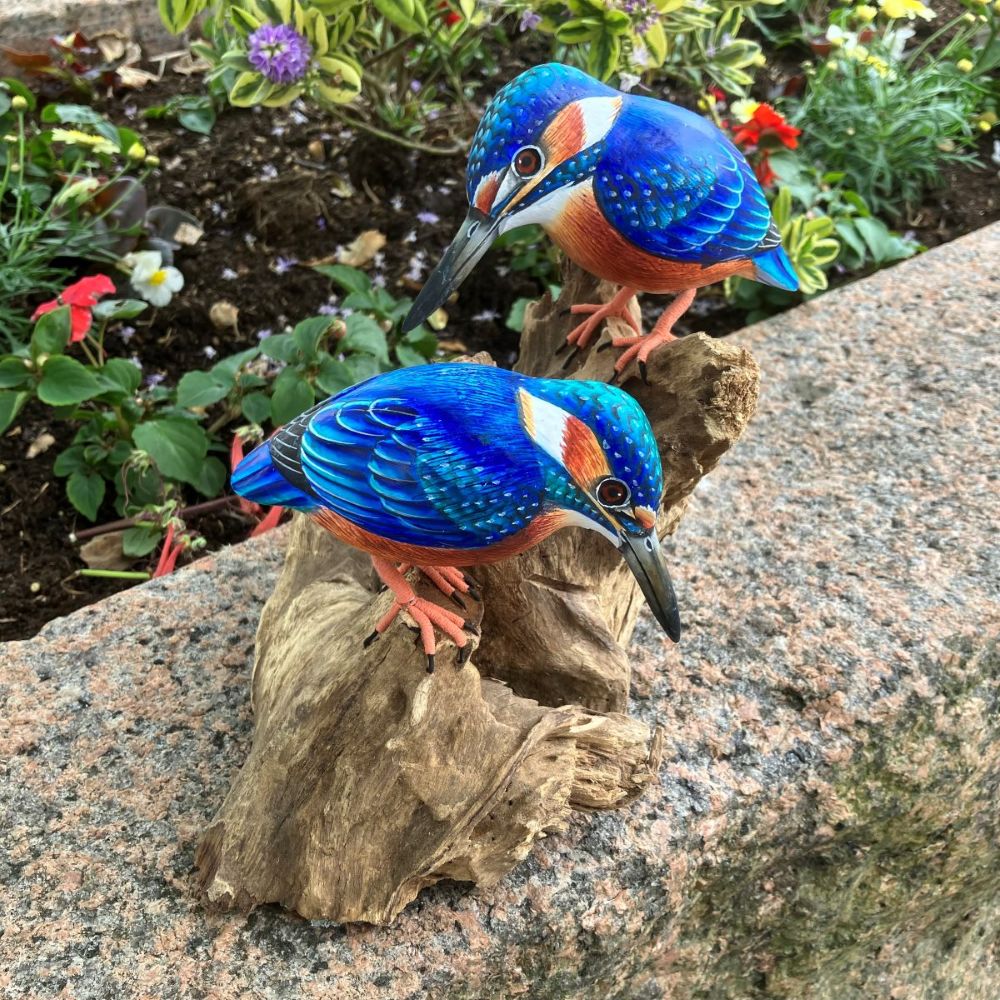 2 Kingfishers Wooden Ornament in a Garden