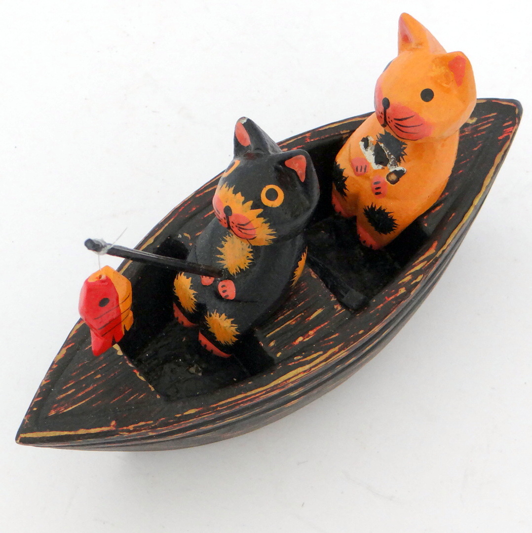 2 Wooden Cats on a Boat Ornament