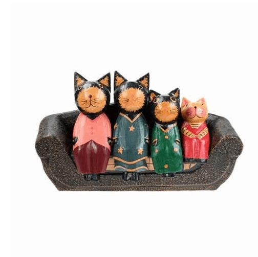 Wooden Cat Family on a Sofa Ornament