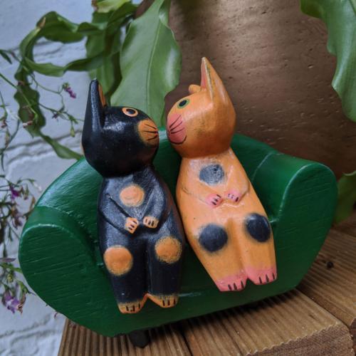2 Wooden Cats on Green Soafa Ornament
