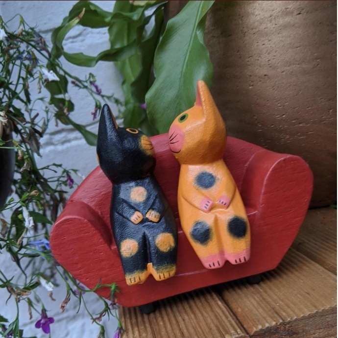 2 Wooden Cats On a Red Sofa Ornament