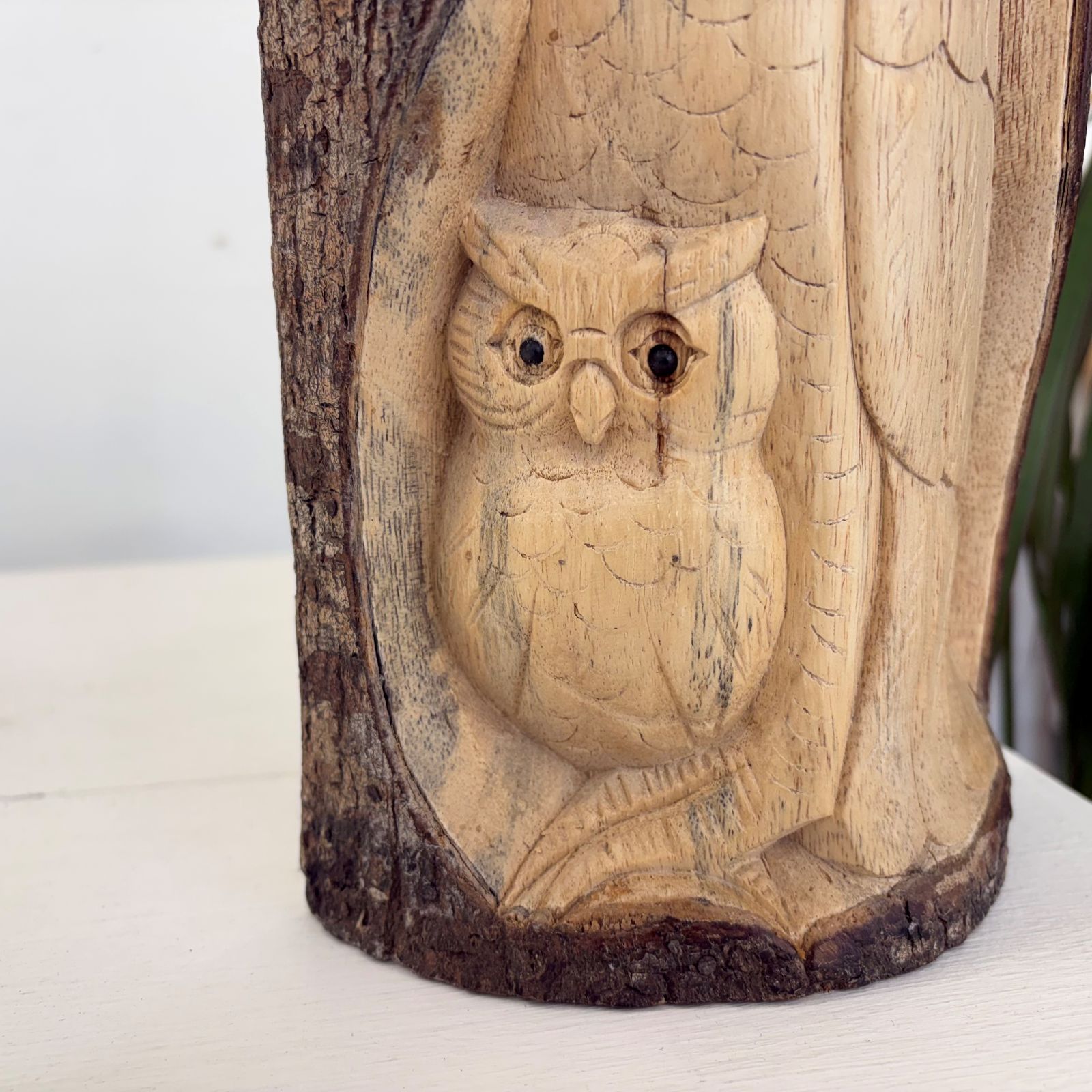Hand Carved Wooden Owl with Owlet Ornament