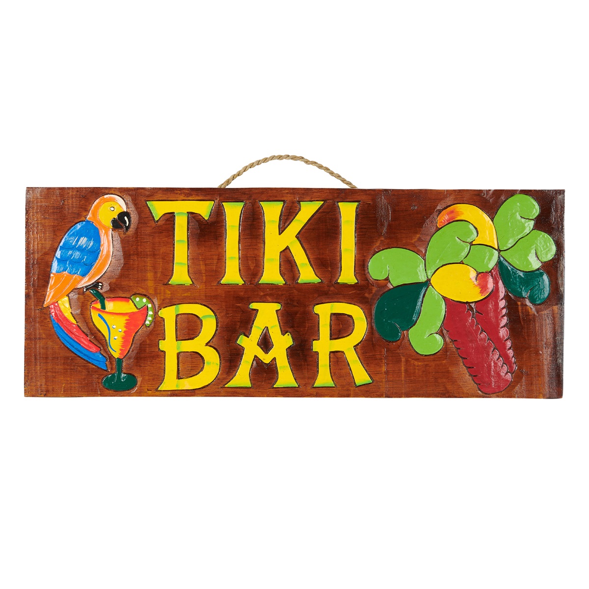 Wooden Tiki Bar Sign with a Parrot, Cocktail and Palm Tree