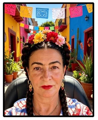 Kathryn Loram, Devon Artist. Dressed up us as Frida Kahlo using AI